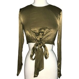 ZARA satin olive green tied long sleeve crop top in women’s small
